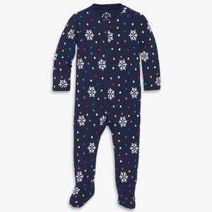Primary Organic Zip Footie in Navy Snowflake Confetti (0-3M)